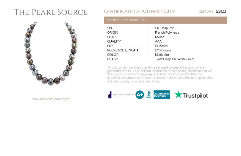 13-15mm Tahitian South Sea Multicolor Pearl Necklace-Certificate