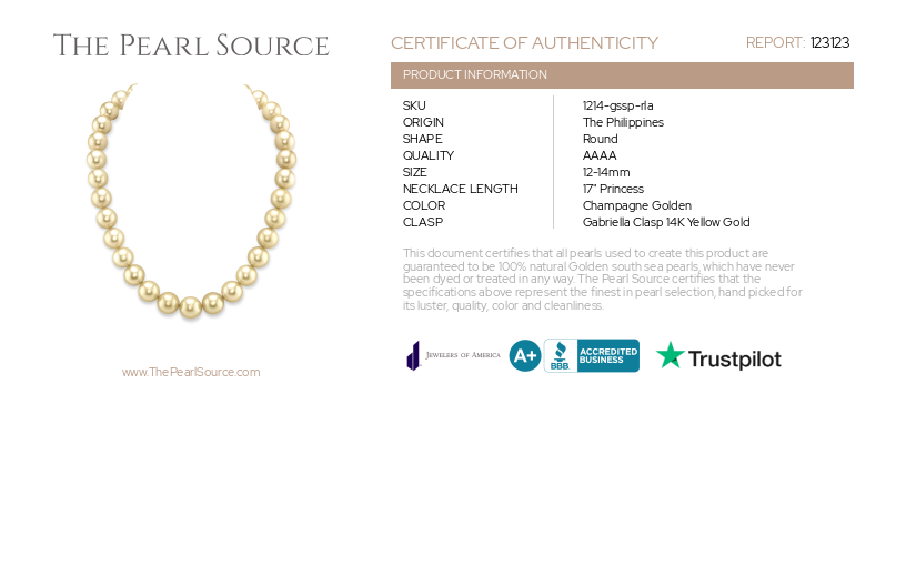 12-14mm Champagne Golden South Sea Pearl Necklace - AAAA Quality-Certificate
