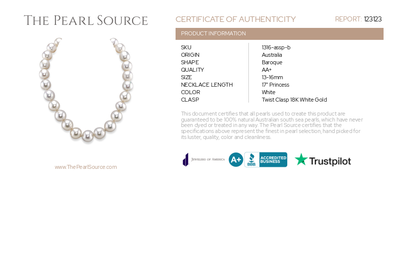 13.1-16.5mm White South Sea Baroque Pearl Necklace-Certificate
