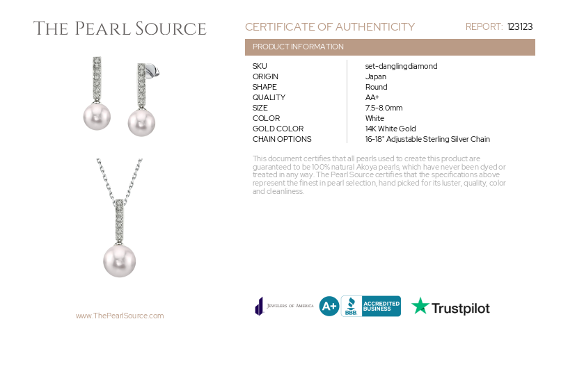 Akoya Pearl Dangling Diamond Pendant & Earrings-Certificate
