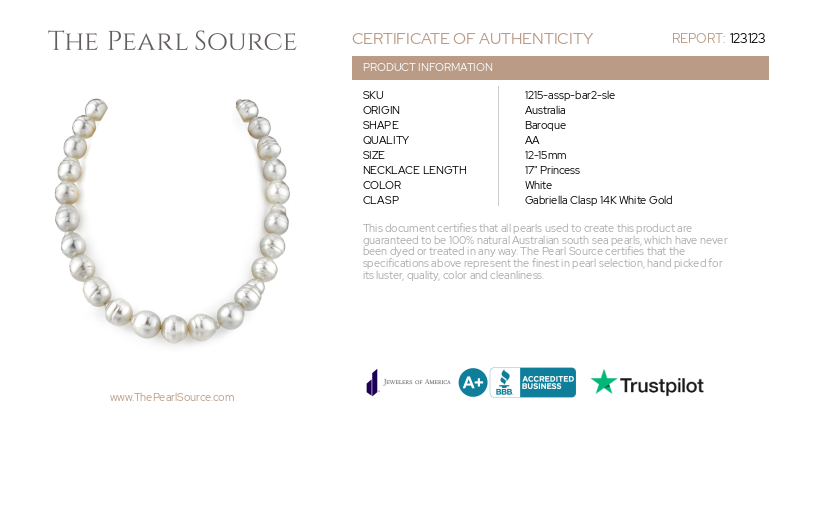 12-15.8mm White South Sea Baroque Pearl Necklace-Certificate