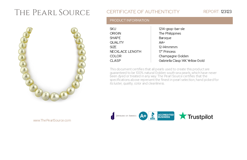 12-14mm Champagne Golden South Sea Pearl Baroque Necklace-Certificate