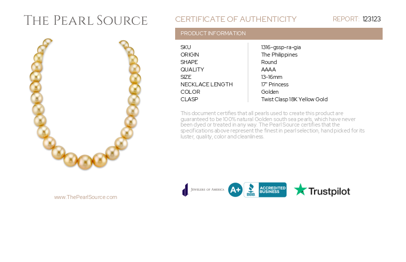 13-16mm Golden Round South Sea Pearl Necklace - GIA Certified-Certificate