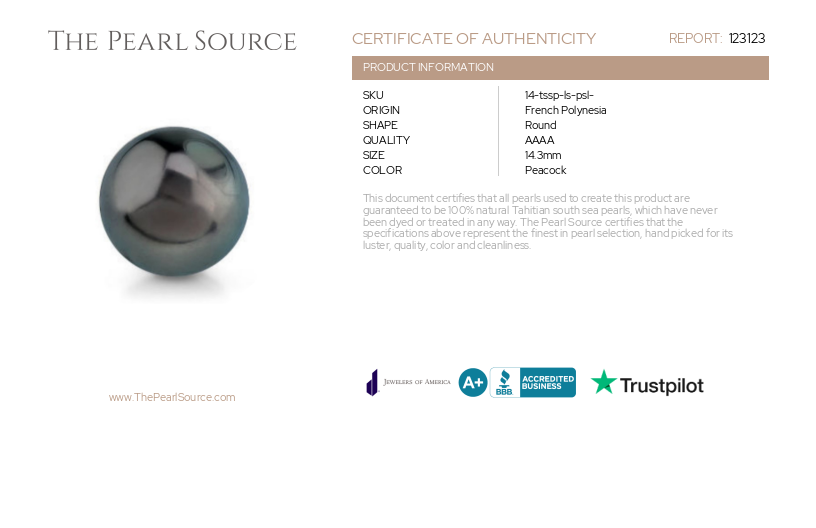 14.3mm Tahitian South Sea Peacock Pearl - PSL Certified-Certificate