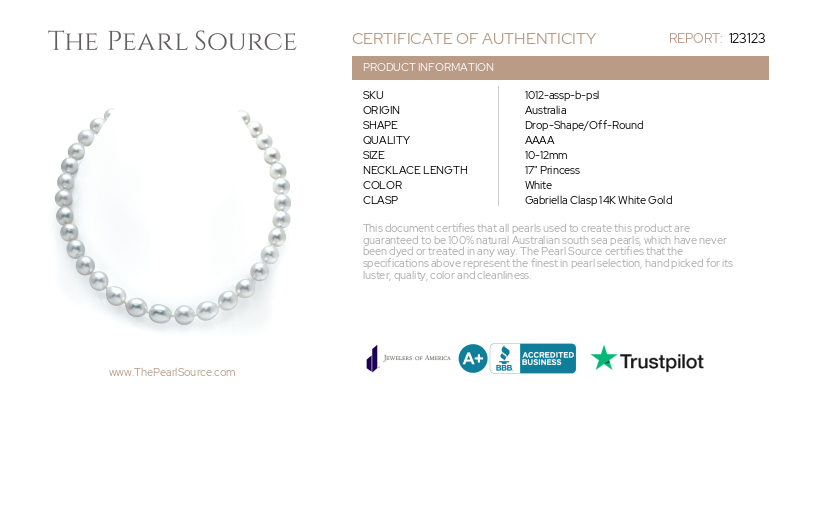 10-12mm White South Sea Drop Shape Pearl Necklace - PSL Certified-Certificate
