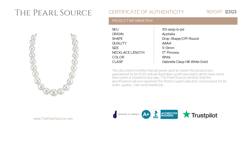11-13mm White South Sea Drop Shape Pearl Necklace - PSL Certified-Certificate