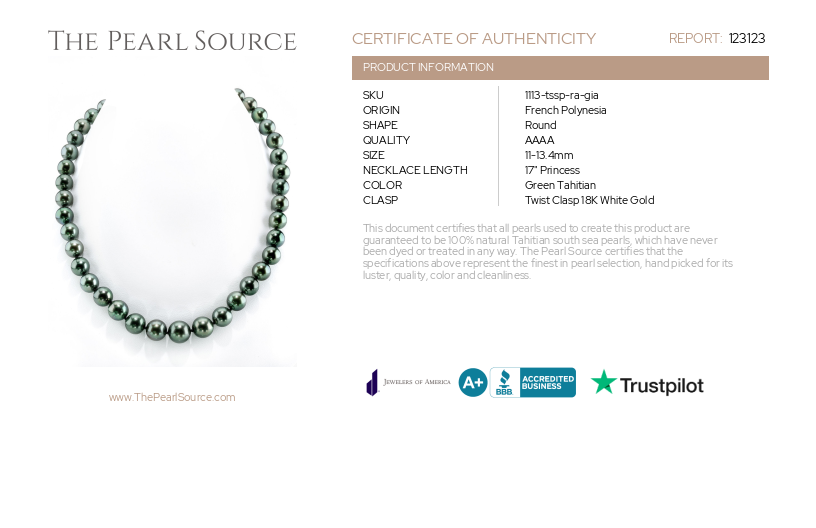 11-13mm Rare AAAA Quality Green Tahitian Round Pearl Necklace - GIA Certified-Certificate