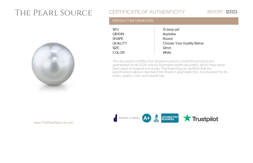 12mm White South Sea Loose Pearl - PSL Certified-Certificate