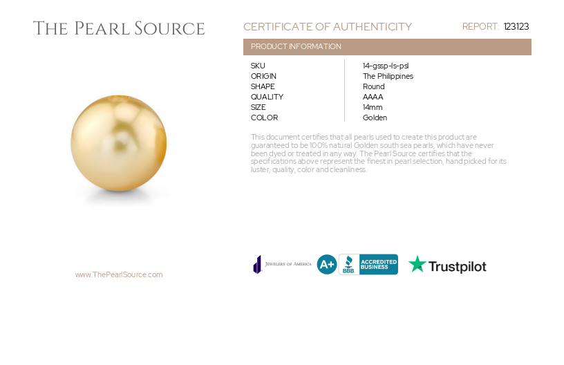 14mm Golden South Sea Loose Pearl - PSL Certified-Certificate