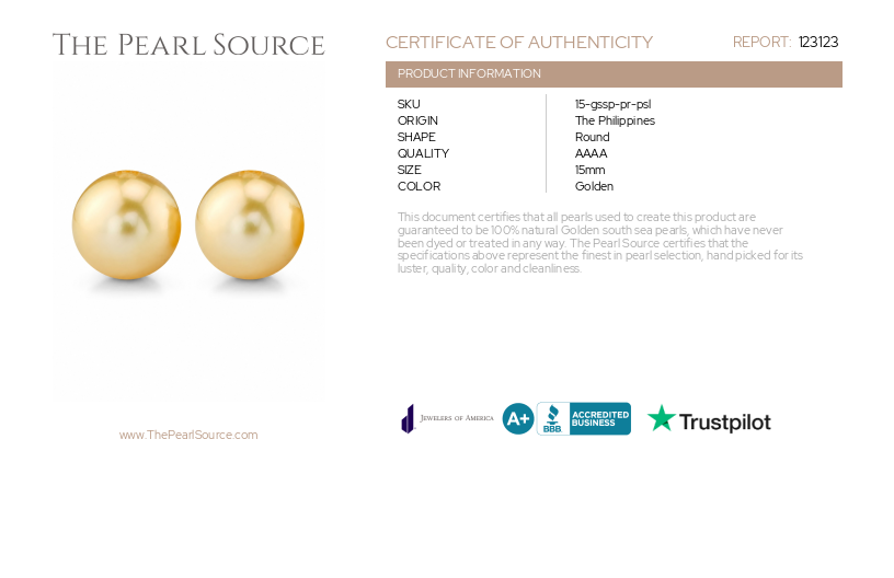 15mm Golden South Sea Loose Pair - PSL Certified-Certificate