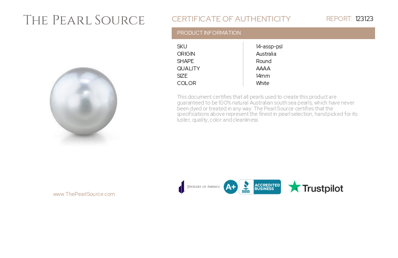 14mm White South Sea Loose Pearl - PSL Certified-Certificate