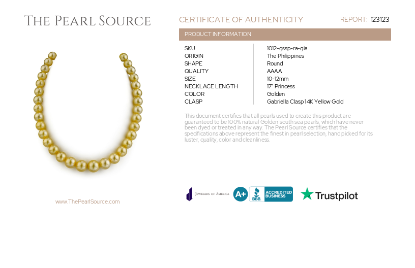 10-12mm Golden South Sea Round Pearl Necklace AAAA Quality - GIA Certified-Certificate