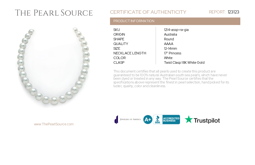 12-14mm White South Sea Round Pearl Necklace AAAA Quality - GIA Certified-Certificate