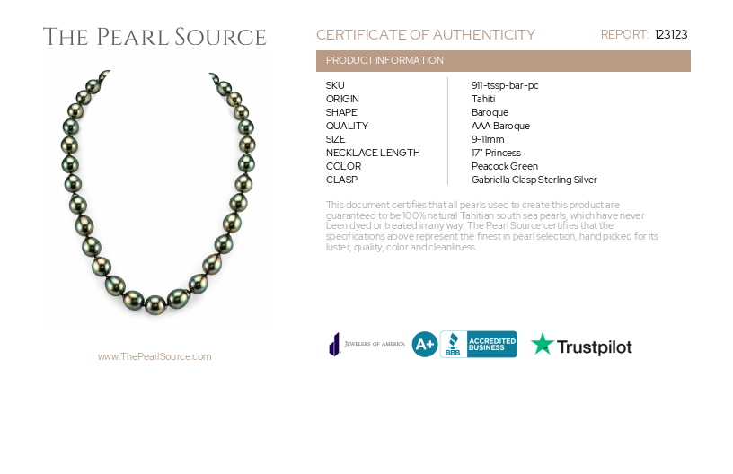 9-11mm Peacock Tahitian South Sea Baroque Pearl Necklace-Certificate