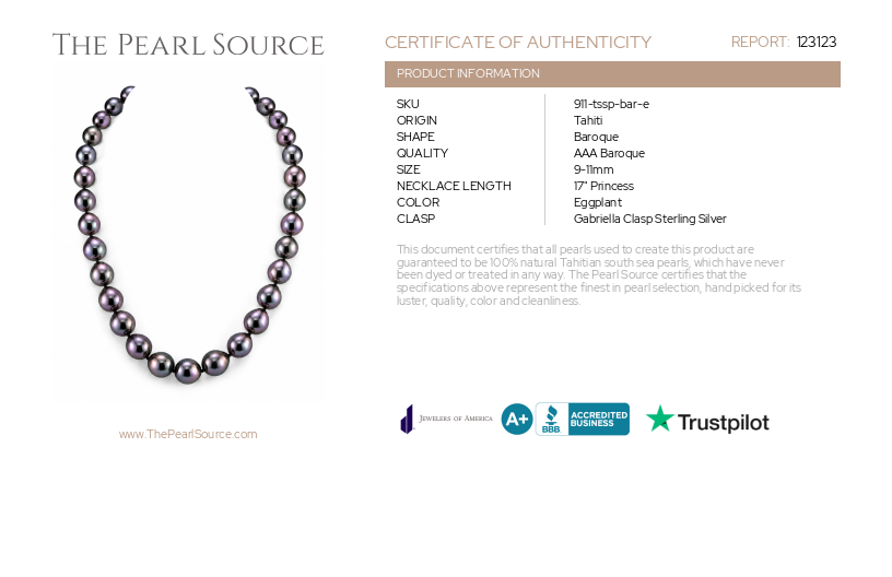 9-11mm Eggplant Tahitian South Sea Baroque Pearl Necklace-Certificate