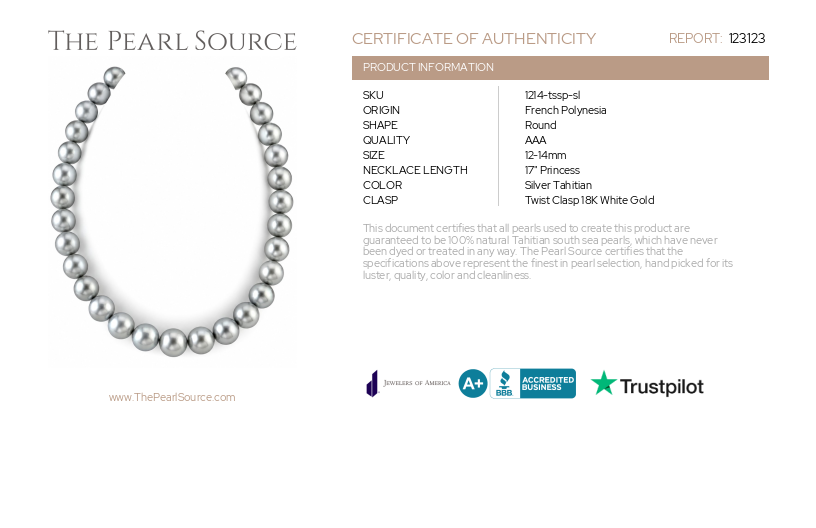 12-14mm Round Platinum Silver Tahitian South Sea Pearl Necklace - AAA Quality-Certificate