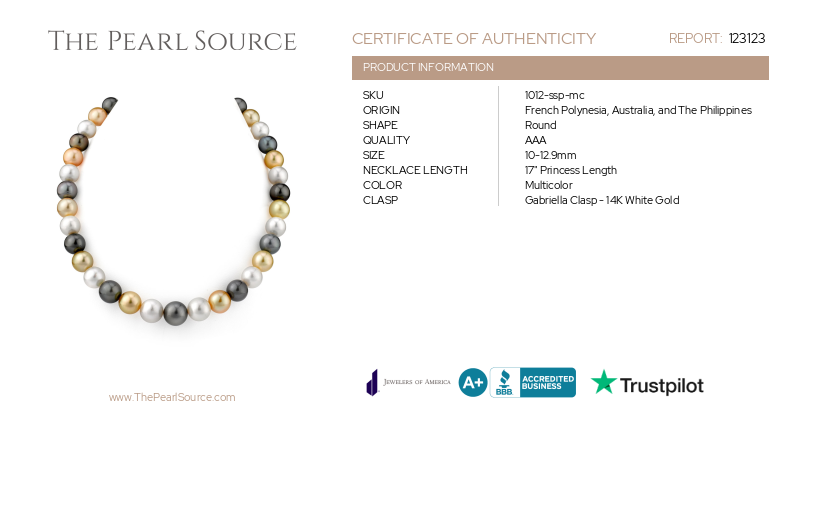 10-12.9mm South Sea Multicolor Pearl Necklace-Certificate