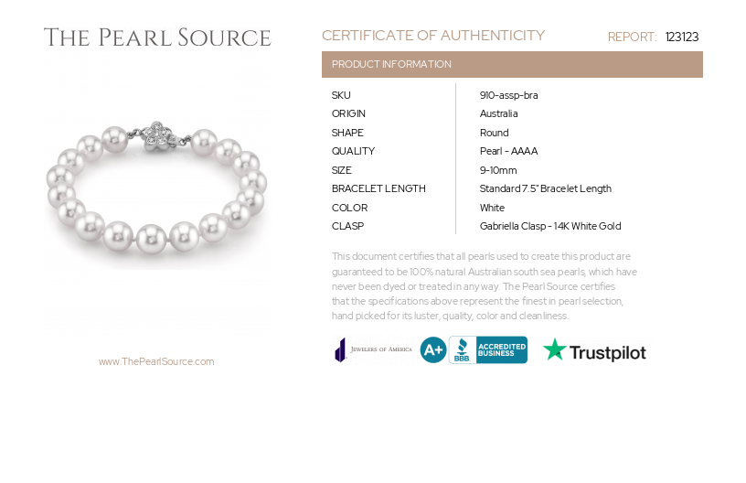 9-10mm White South Sea Pearl Bracelet - AAAA Quality-Certificate