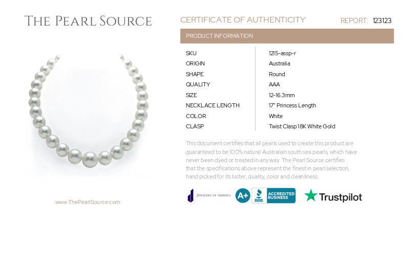 12-16.3mm White South Sea Pearl Necklace - AAA Quality-Certificate