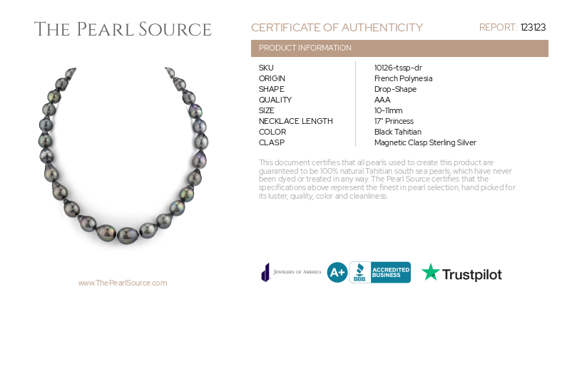 10-11mm Tahitian South Sea Pearl Drop-Shape Necklace-Certificate